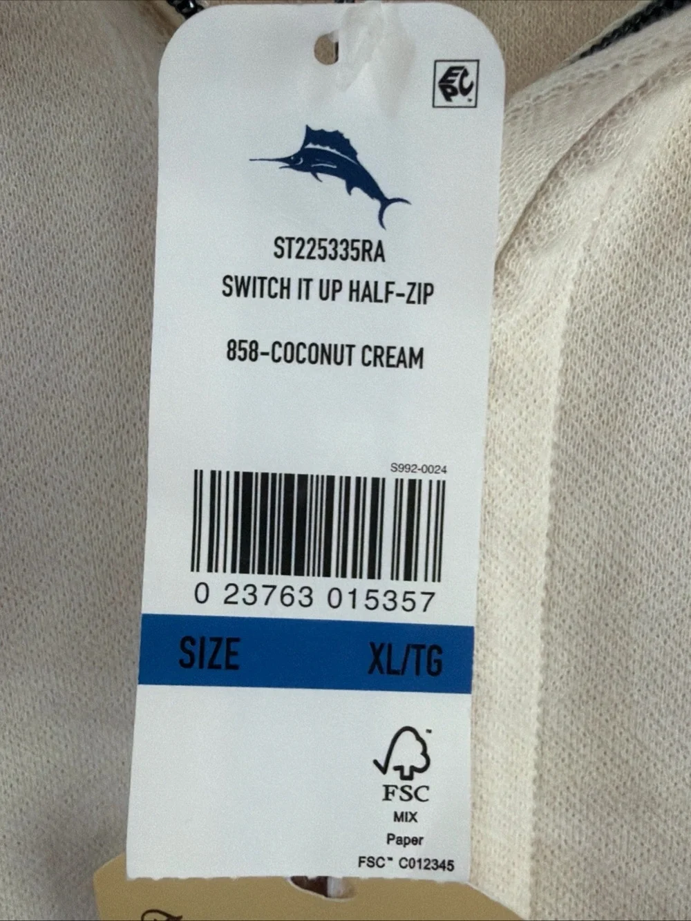 NWT Tommy Bahama Mens XL Switch It Up Reversible Half Zip Pullover Coconut Cream